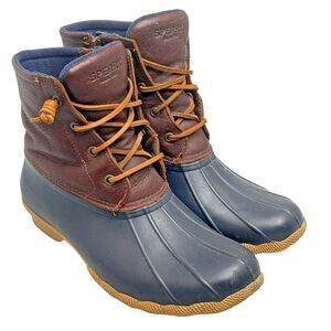 Sperry Saltwater Boots Womens 9 M Brown/Navy Leather Ankle Bootie Duck Rain